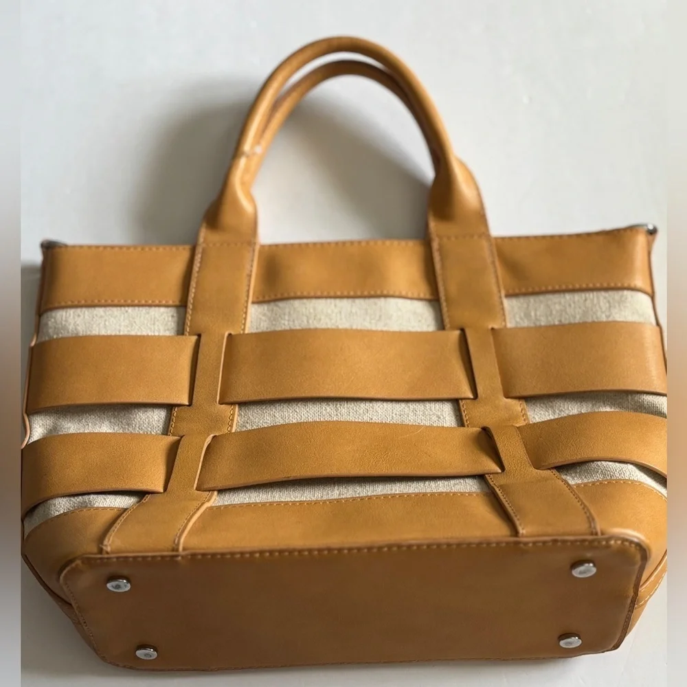 MIZTIQUE TAN NATURAL FAUX LEATHER AND CANVAS HAND BAG ZIP CLOSURE POCKET INSIDE